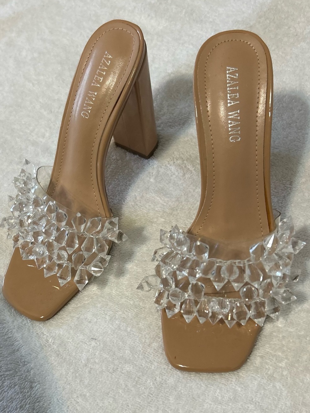 Nude Crystal Strap Block Heel Sandals